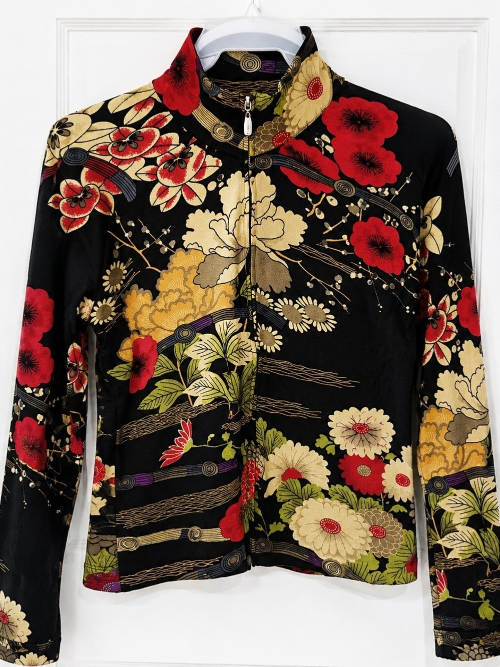 UbU Silk Blend Floral Zip Jacket PL Black Red Statement Artwear